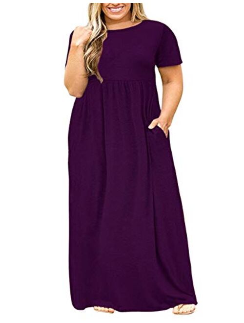 KARALIN Women's Plus Size Short Sleeve Loose Plain Casual Long Maxi Dresses with Pockets