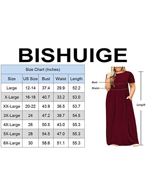 BISHUIGE Women Summer L-6X Plus Size Maxi Dress Long Dresses with Pockets