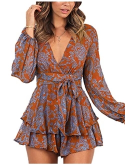 Relipop Women's Dresses Floral Print V Neck Baggy Sleeve Waist Tie Double Layer Ruffle Hem Short Mini Dress