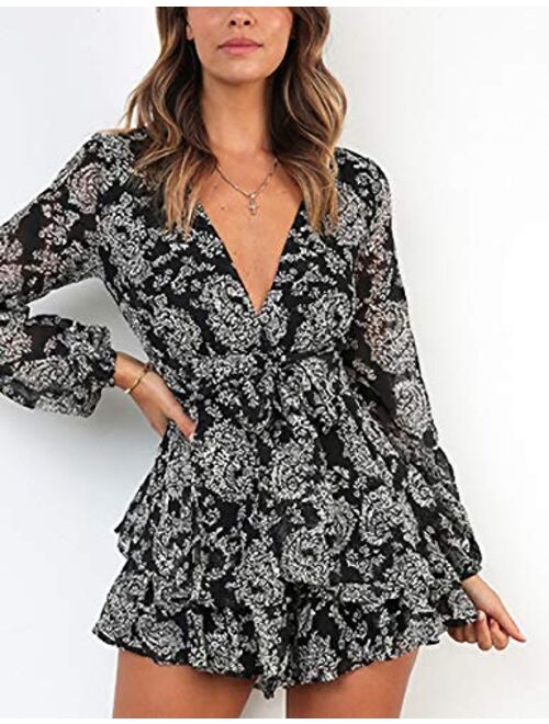 Relipop Women's Dresses Floral Print V Neck Baggy Sleeve Waist Tie Double Layer Ruffle Hem Short Mini Dress