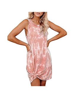 OWIN Women's Loose T Shirt Dress Sleeveless Crewneck Mini Dress Casual Tie Dye Dress