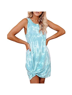 OWIN Women's Loose T Shirt Dress Sleeveless Crewneck Mini Dress Casual Tie Dye Dress