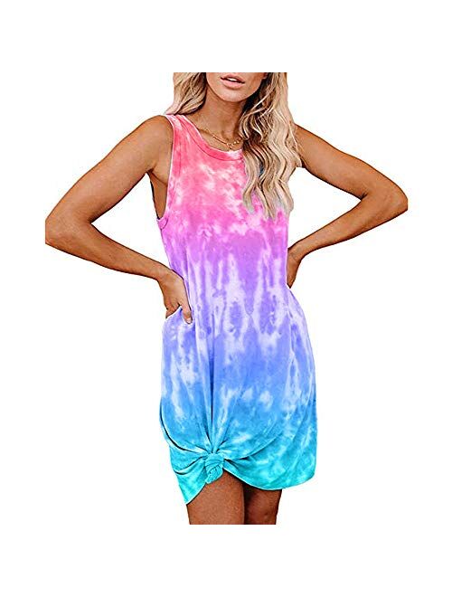 OWIN Women's Loose T Shirt Dress Sleeveless Crewneck Mini Dress Casual Tie Dye Dress