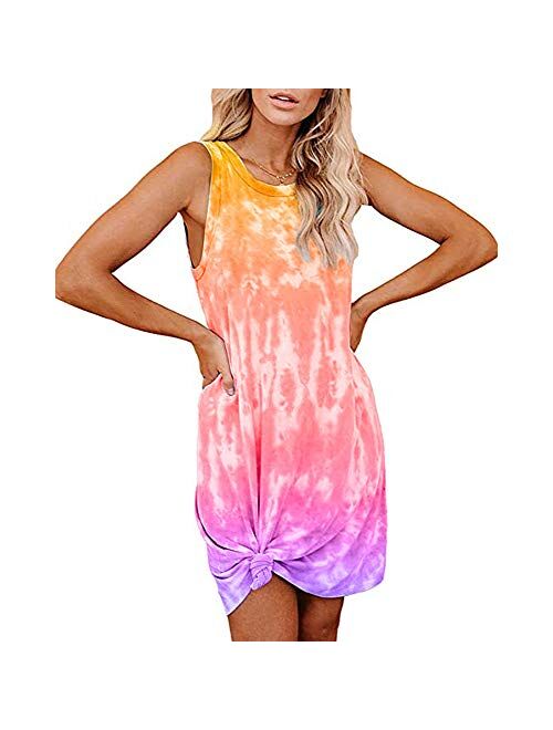 OWIN Women's Loose T Shirt Dress Sleeveless Crewneck Mini Dress Casual Tie Dye Dress