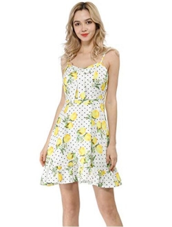 Women's Spaghetti Strap Lemon Bowknot Ruffle Polka Dots Dress