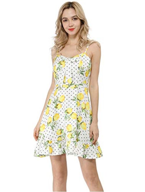 Allegra K Women's Spaghetti Strap Lemon Bowknot Ruffle Polka Dots Dress