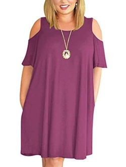 LONGYUAN Women Summer XL-6XL Cold Shoulder Plus Size T-Shirt Dress with Pockets