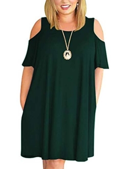 LONGYUAN Women Summer XL-6XL Cold Shoulder Plus Size T-Shirt Dress with Pockets