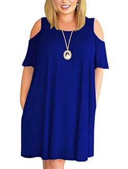 LONGYUAN Women Summer XL-6XL Cold Shoulder Plus Size T-Shirt Dress with Pockets