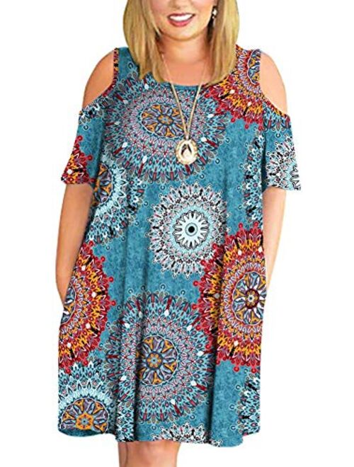 LONGYUAN Women Summer XL-6XL Cold Shoulder Plus Size T-Shirt Dress with Pockets