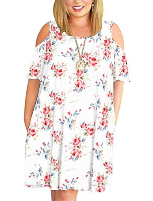 LONGYUAN Women Summer XL-6XL Cold Shoulder Plus Size T-Shirt Dress with Pockets