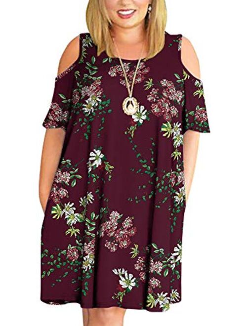 LONGYUAN Women Summer XL-6XL Cold Shoulder Plus Size T-Shirt Dress with Pockets