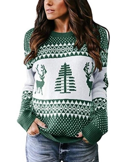 Womens Ugly Christmas Sweater Cute Xmas Tree Reindeer Knitted Long Sleeve Pullover Tops