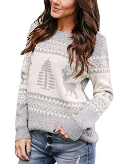 Womens Ugly Christmas Sweater Cute Xmas Tree Reindeer Knitted Long Sleeve Pullover Tops