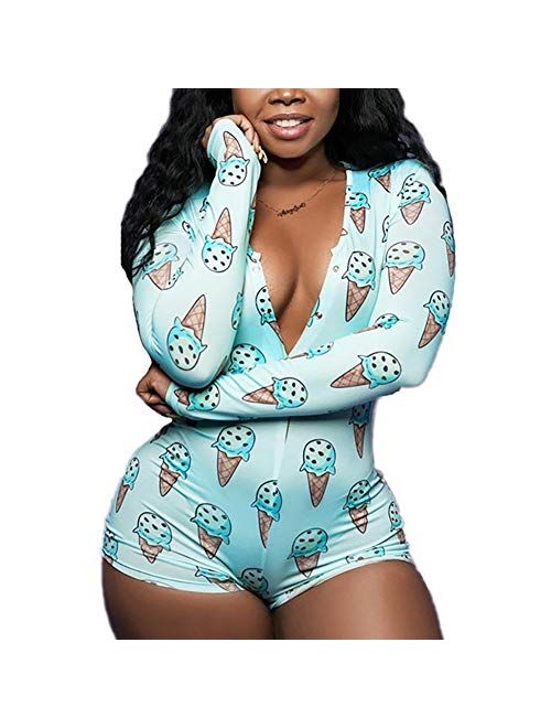 Sexy Women 's Bodysuit Long Sleeve Deep V Neck Leotard Tops Bodycon Jumpsuits Shorts Pajamas Outfit for Women