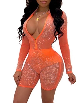 Adogirl Women's Sexy Sequin Rhinestone Romper Jumpsuit Clubwear Bodysuit