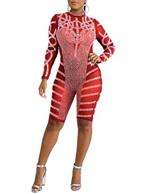 Adogirl Women's Sexy Sequin Rhinestone Romper Jumpsuit Clubwear Bodysuit