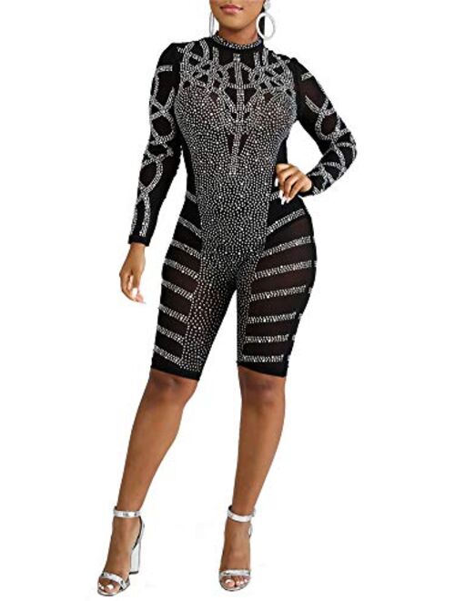 Adogirl Women's Sexy Sequin Rhinestone Romper Jumpsuit Clubwear Bodysuit