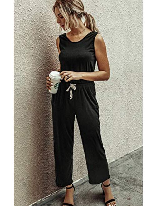 ECOWISH Womens Jumpsuit Sleeveless Tie Waist Wide Leg Casual Loose Rompers Drawstring Solid Jumpsuits with Pockets