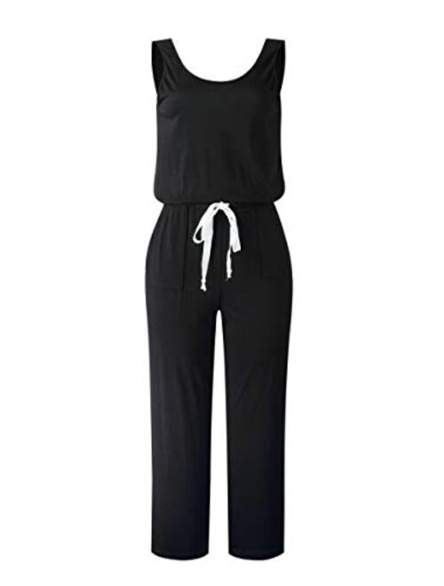 ECOWISH Womens Jumpsuit Sleeveless Tie Waist Wide Leg Casual Loose Rompers Drawstring Solid Jumpsuits with Pockets