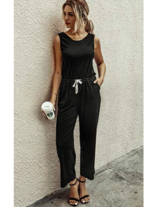 ECOWISH Womens Jumpsuit Sleeveless Tie Waist Wide Leg Casual Loose Rompers Drawstring Solid Jumpsuits with Pockets