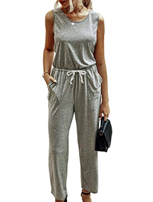 ECOWISH Womens Jumpsuit Sleeveless Tie Waist Wide Leg Casual Loose Rompers Drawstring Solid Jumpsuits with Pockets