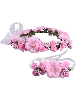 Love Sweety Rose Flower Crown Wreath Wedding Headband Wrist Band Set