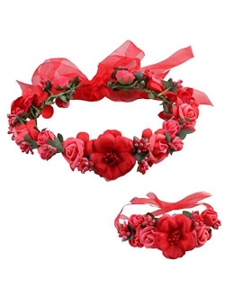 Love Sweety Rose Flower Crown Wreath Wedding Headband Wrist Band Set