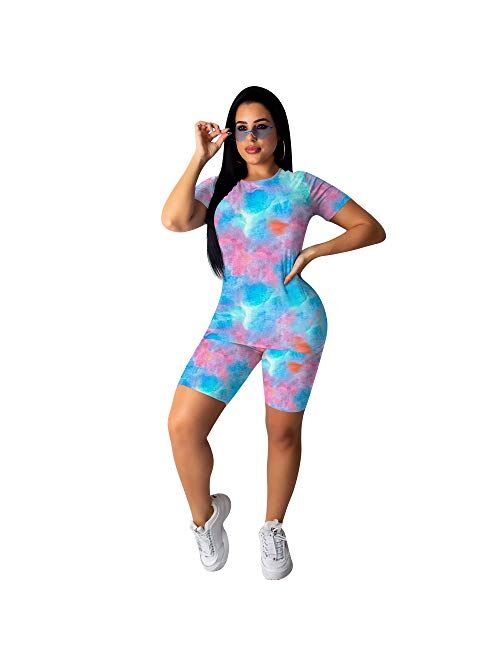 PINSV Women's 2 Piece Outfits Summer Printing Bodycon Short Pants Workout Sets