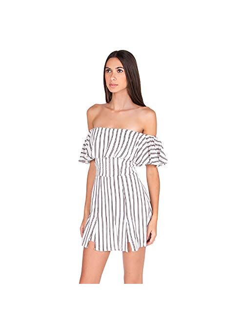 Bee Darlin Junior's Off Shoulder Striped Ruffle Detail Short Day Romper with Double Slits