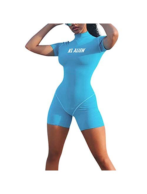 AZHONG Women's Sexy Bodycon Jumpsuit Short Sleeve Zipper Slim Fit Romper Short Pants