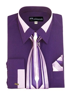 Milano Moda Men's Fashion Dress Shirt With Contrast Design Tie Hankie & Cuffs