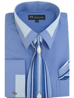 Milano Moda Men's Fashion Dress Shirt With Contrast Design Tie Hankie & Cuffs