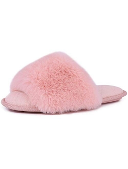 LongBay Women's Fuzzy Faux Fur Memroy Foam Flat Spa Slide Slippers Open Toe House Shoes Sandals