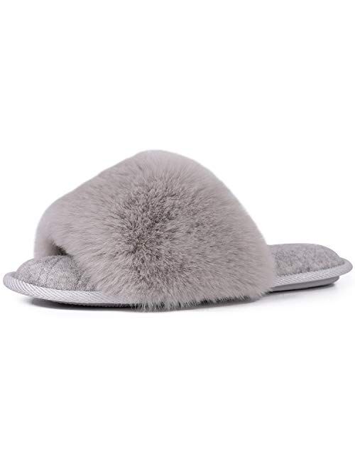 LongBay Women's Fuzzy Faux Fur Memroy Foam Flat Spa Slide Slippers Open Toe House Shoes Sandals