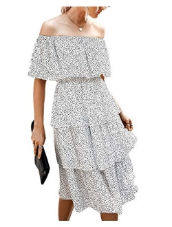 MissyLife Women Cute Swing Off Shoulder Elastic High Waist Polka Dot Pleated Boho Beach Party Summer Casual Midi Dress