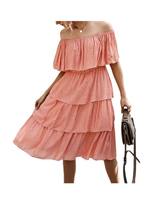 MissyLife Women Cute Swing Off Shoulder Elastic High Waist Polka Dot Pleated Boho Beach Party Summer Casual Midi Dress