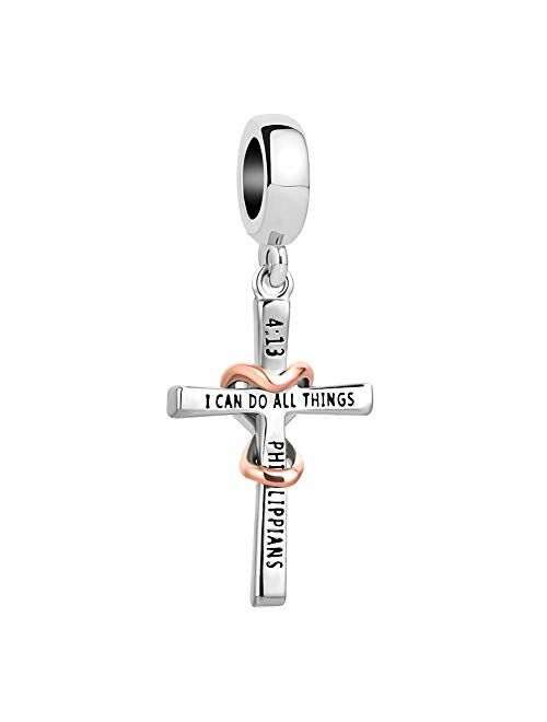 LovelyCharms Cross Charm with God All Things are Possible Religious Dangle Bead Fits European Bracelets