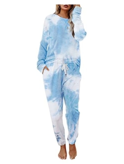 Women 2 Piece Tie Dye Sweatsuit Set Long Sleeve Pullover and Drawstring Sweatpants Sets