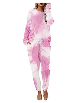 Women 2 Piece Tie Dye Sweatsuit Set Long Sleeve Pullover and Drawstring Sweatpants Sets