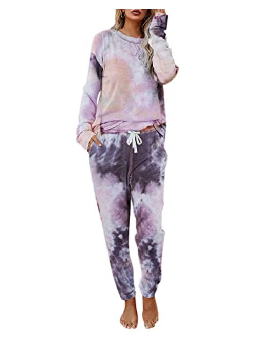 Women 2 Piece Tie Dye Sweatsuit Set Long Sleeve Pullover and Drawstring Sweatpants Sets