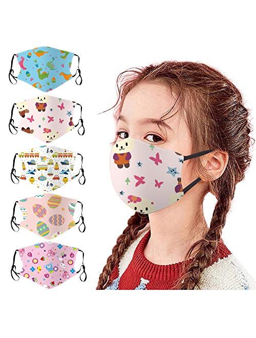 Belcol 5Pcs Kids Reusable Face Bandanas Breathable Seamless Cute Print Cotton Children