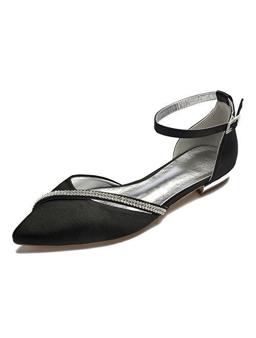 MarHermoso Women's Satin Ankle Strap Cross Strap Side Diamante Pointed Pumps