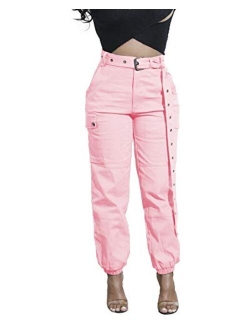 Cosygal Women's Casual Loose Cargo Pants Trousers Jogger with Belt Pockets