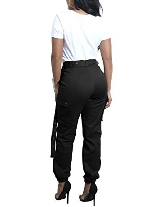 Cosygal Women's Casual Loose Cargo Pants Trousers Jogger with Belt Pockets