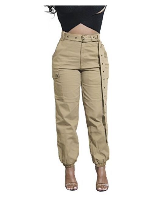 Cosygal Women's Casual Loose Cargo Pants Trousers Jogger with Belt Pockets