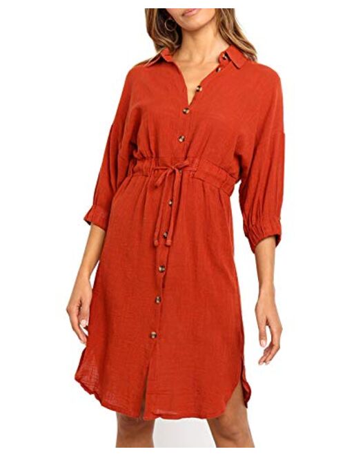 R.Vivimos Women's Summer 3/4 Sleeve Linen Button Down Casual Knee Length Dress with Tie Waist