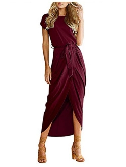 AUSELILY Womens Casual Summer Cap Short Sleeve Loose Slit Solid Party Long Maxi Dress with Belt