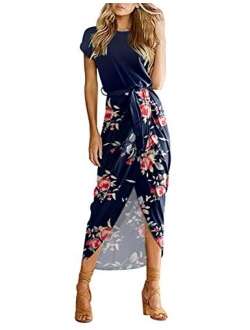 AUSELILY Womens Casual Summer Cap Short Sleeve Loose Slit Solid Party Long Maxi Dress with Belt