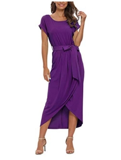 AUSELILY Womens Casual Summer Cap Short Sleeve Loose Slit Solid Party Long Maxi Dress with Belt